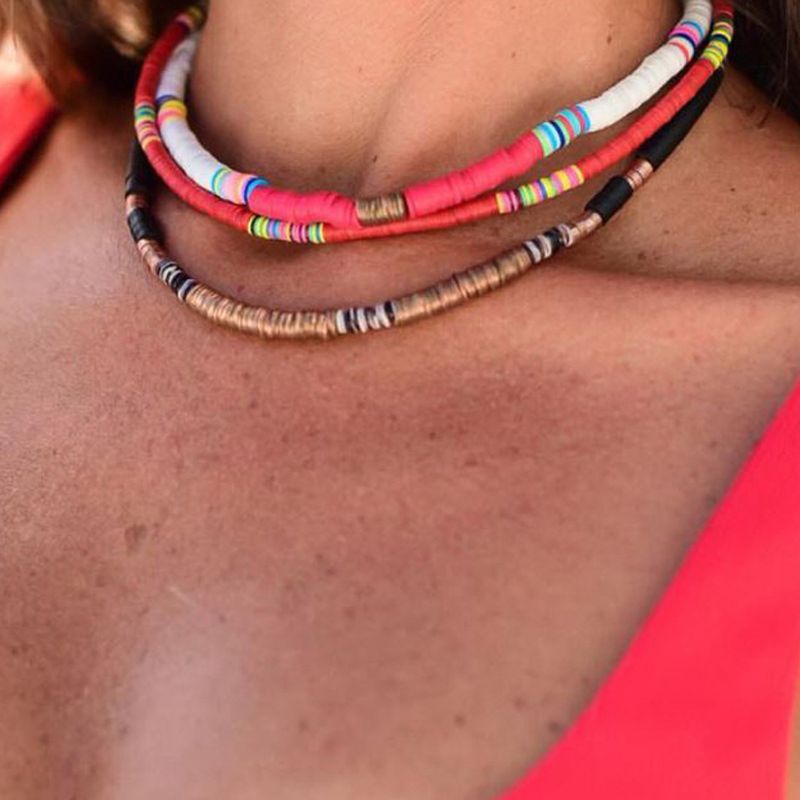 Gargantilla Bohemia con cuentas de barro colorido para playa, collar bohemio de arcilla polimérica de arco iris, joyería ajustable para mujeres y niñas