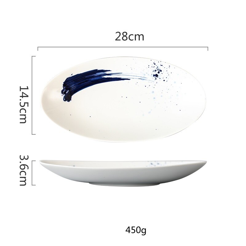 Keramische Plaat Ovale Vis Schotel Japanse Stijl Sushi Plaat Huishoudelijke Servies Plaat Fruitschaal Creatieve Keramische Servies: blue ink dots
