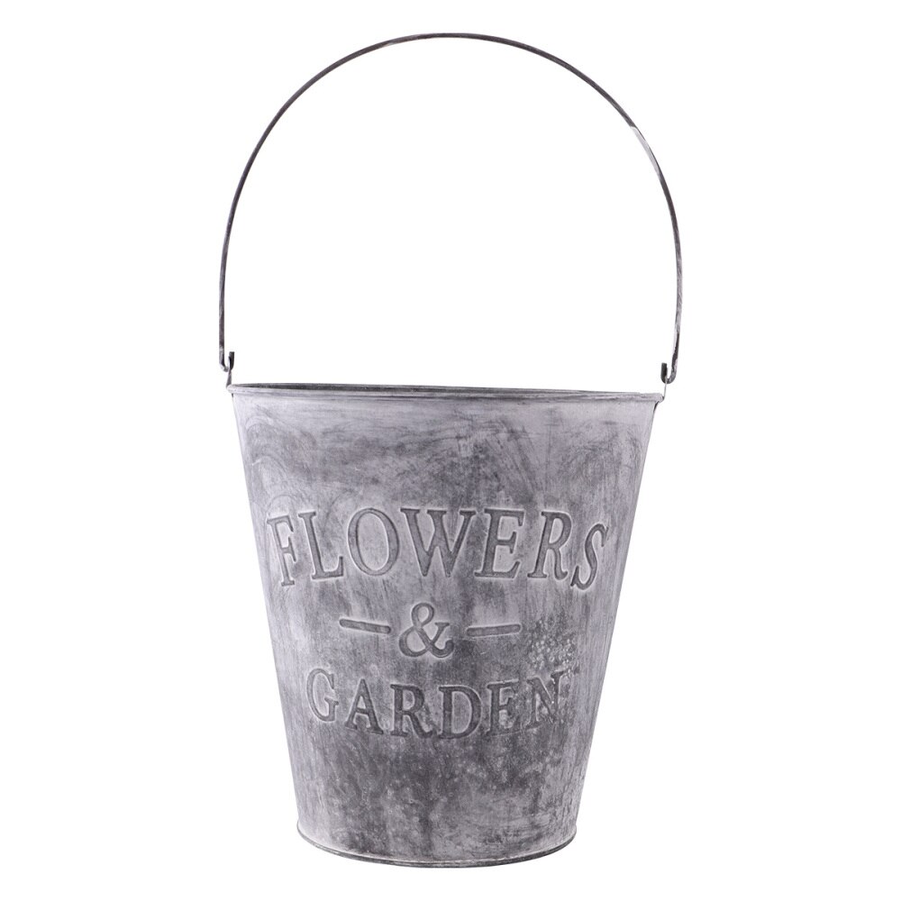 Garden Wrought Iron Pail Simulation Round Iron Bucket Flower Pot Metal Flower Bucket for Home - Size L(Light Grey)