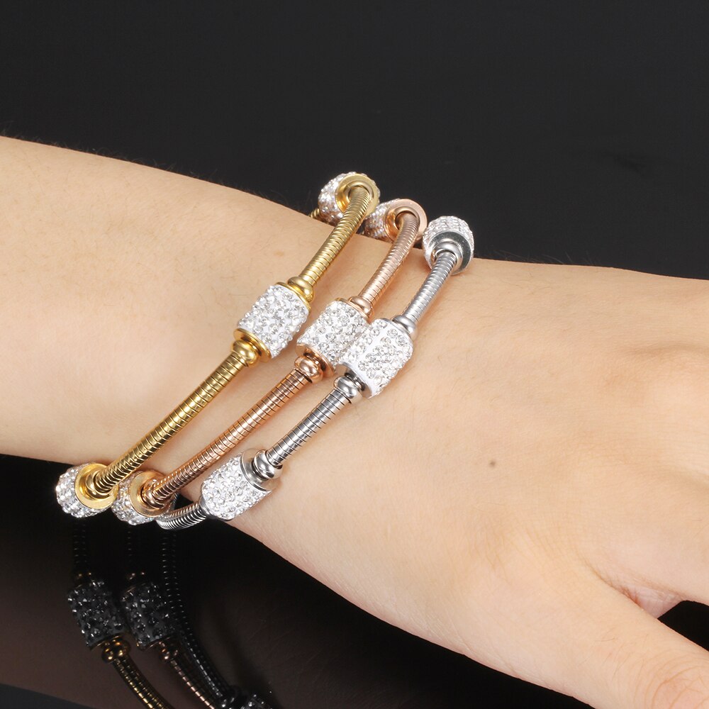 Women Crystal Bead Bracelet Bangles Stainless Steel Snake Chain Women Wedding Jewelry