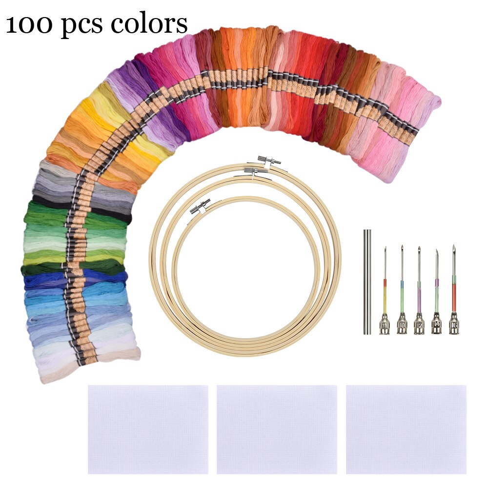 50/100pcs Cross Stitch Floss Embroidery Kit Colorful Threads Magic Embroidery Hoop Stitching Punch Needle Pen Set DIY Sewing Set: 100 pcs