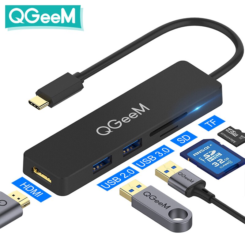 QGeeM USB C Hub voor Macbook Pro Air Triple Display Type C Hub naar Dual 4K HDMI & DP SD Micro SD-kaartlezers RJ45 Aux PD-oplader OTG Multi USB Hub Type C Dock 3.0 Adapter Splitter voor Notebook Laptops PC-accessoires: 5 Ports ABS