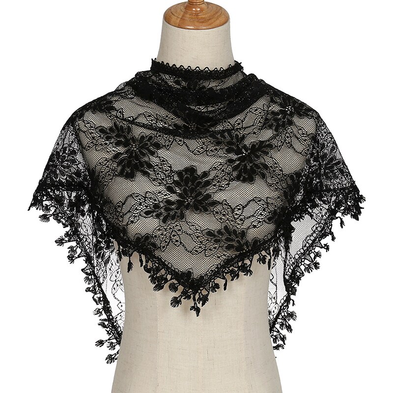 Foulard Triangle en dentelle pour femme et fille, écharpe fine, motif Floral, fleur de raisin, couleur unie, châles à pampilles ajourés: Black