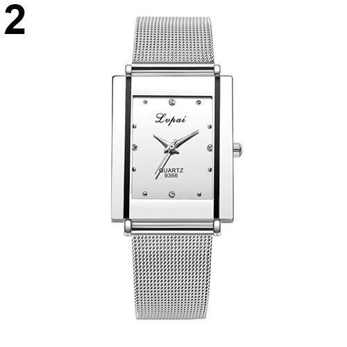 Men Women Rectangle Dial Stainless Steel Net Strap Quartz Wrist Watch: White