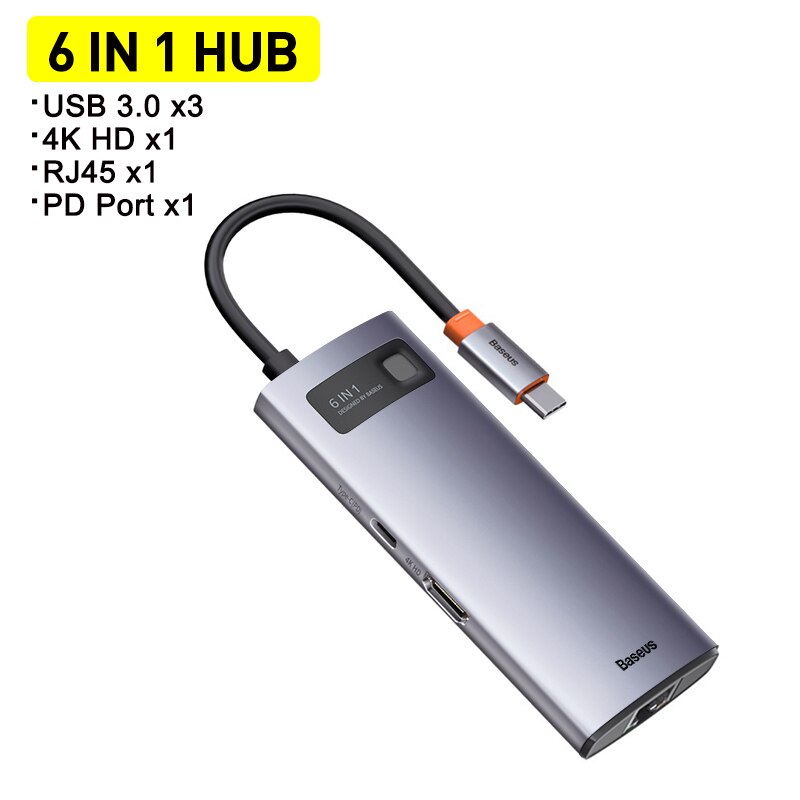 Baseus – HUB USB 3.0 Type C vers HDMI, adaptateur de lecteur SD RJ45, séparateur HUB USB-C 8 en 1 pour MacBook Pro Air et ordinateur portable: 6 in 1 Type C HUB