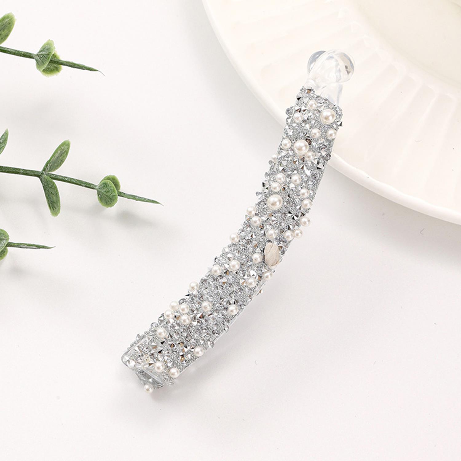 Clip de pelo de plátano con diamantes de imitación completos para mujer, soporte acrílico fuerte, horquilla de perla, pasadores, tocado de ,: Blanco