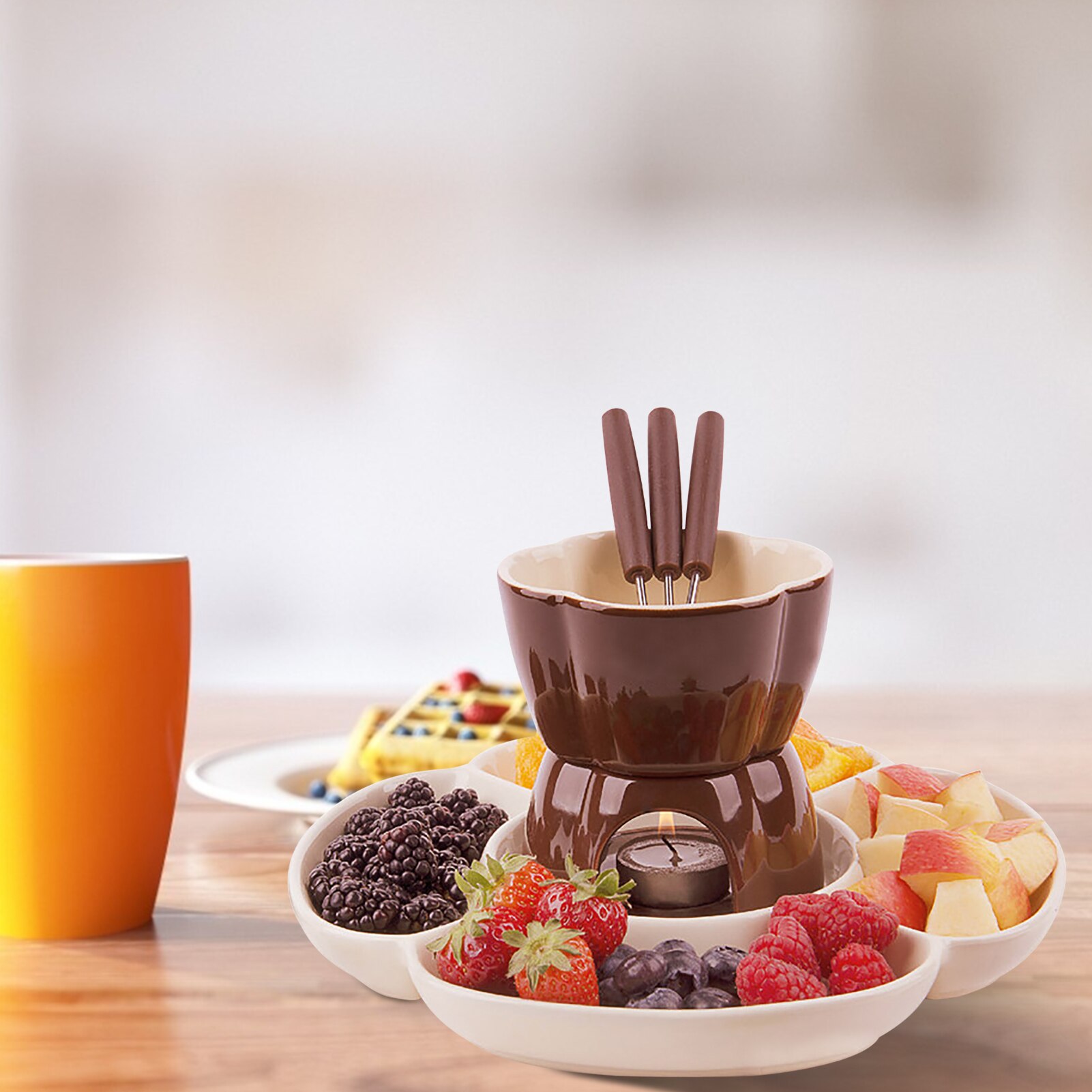 8PCS Ceramic Fondue Set Chocolate Fondue Pot With Tealight Candles Diy Fondue Serving Set For Cheese Chocolate Icecream