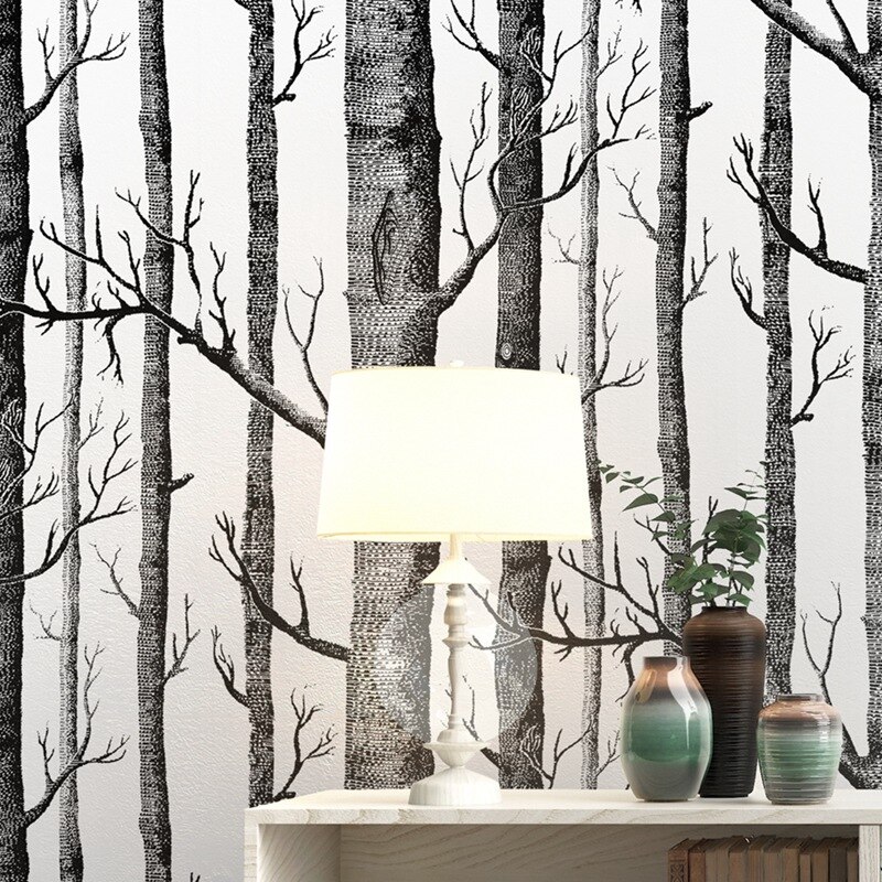 Sort hvidt birketræ tapet til soveværelse moderne stue vægpapirrulle rustikke skovskov tapeter