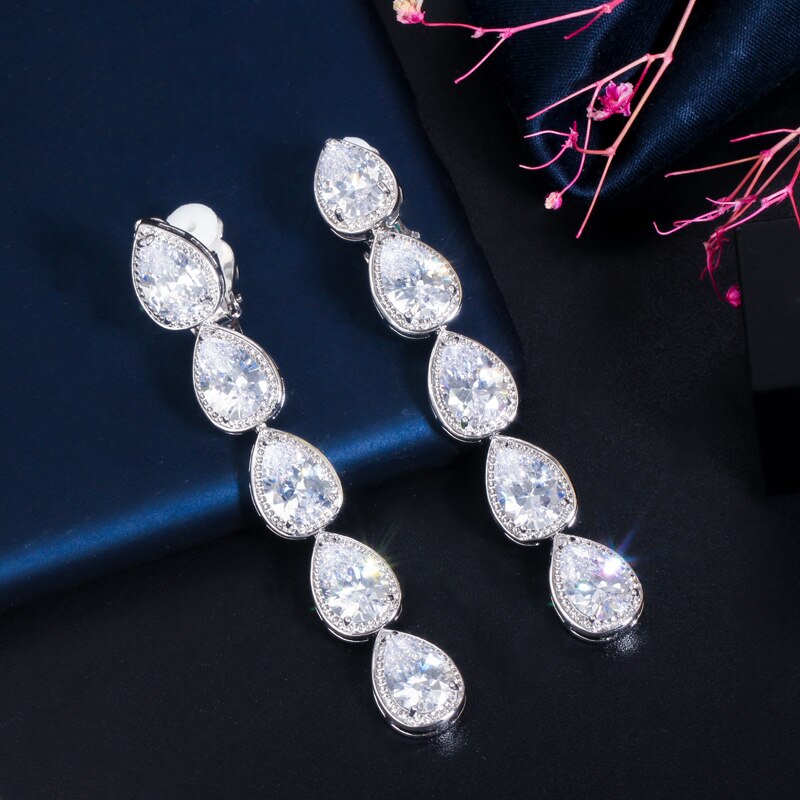 CWWZircons Non Piercing Ear Long Dangle CZ Crystal Clip On Earrings No Pierced Women Wedding Party Costume Jewelry CZ713