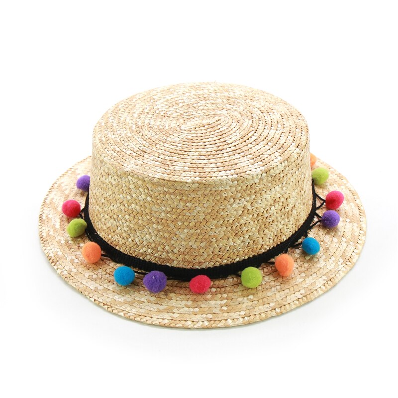 Crianças & adulto bonito borla pompons chapéu de palha meninas chapéu de praia com corda elástica plana topo feminino verão chapéu de sol atacado