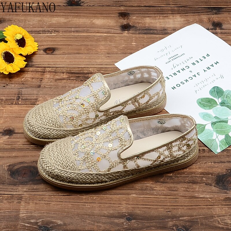 Mesh Sequins Fisherman Shoes Flat Womens Shoes Mori Girl Hemp Straw Weave Casual Sandals Literary Retro Breathable Comfort Flats: Gold / 35