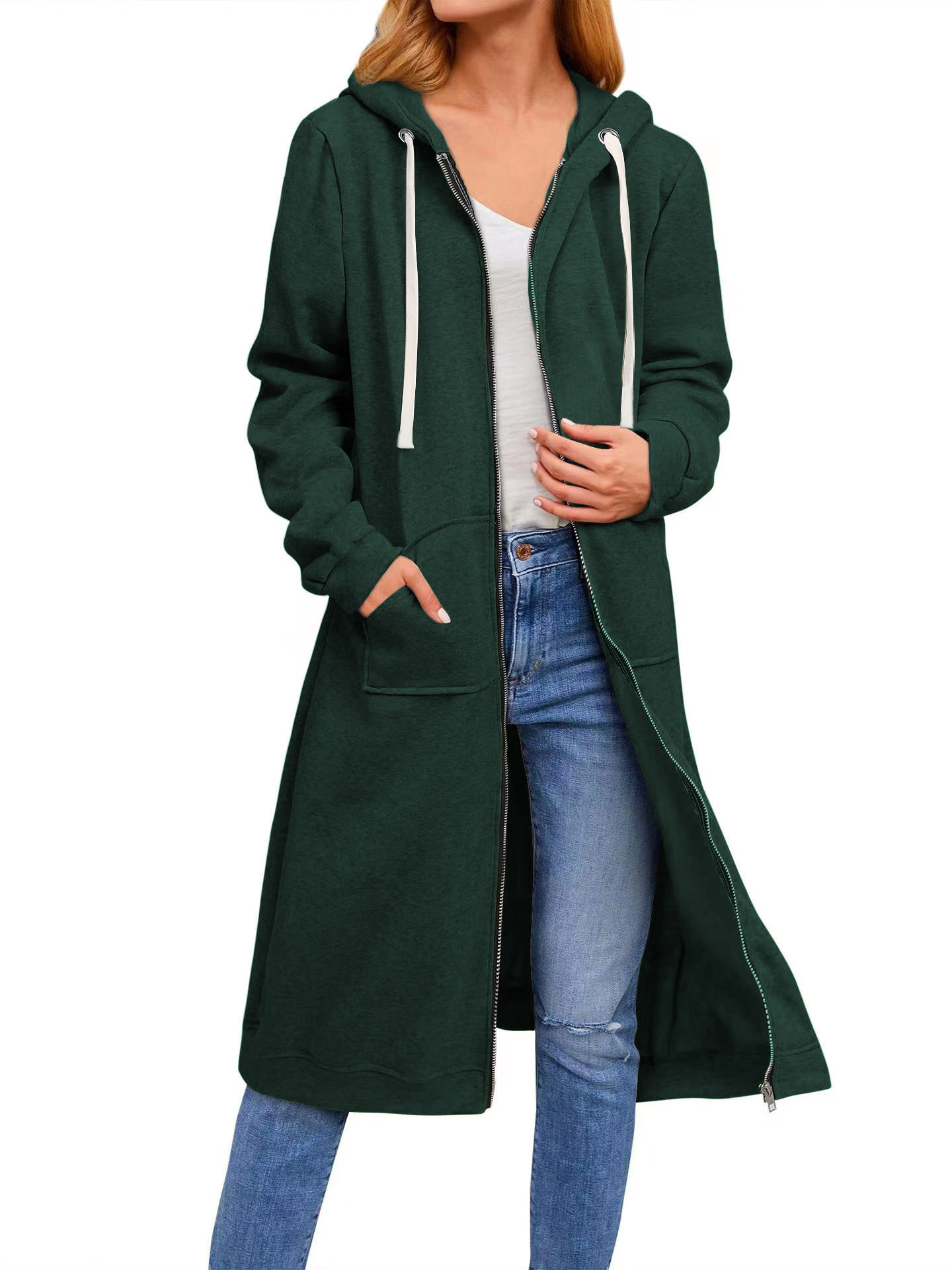 Plus-Größe-Kapuzenpullover für Damen, lässige Kapuzenpullover mit durchgehendem Reißverschluss, bequeme lange Damen-Kapuzenpullover, modische Sweatshirts mit Taschen: 2XL / Grün