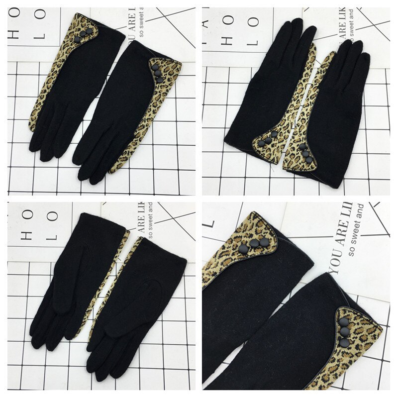 Guantes con botón de leopardo Retro, guantes clásicos de lana para mujer, guantes cálidos y finos para conducir en otoño e invierno D20