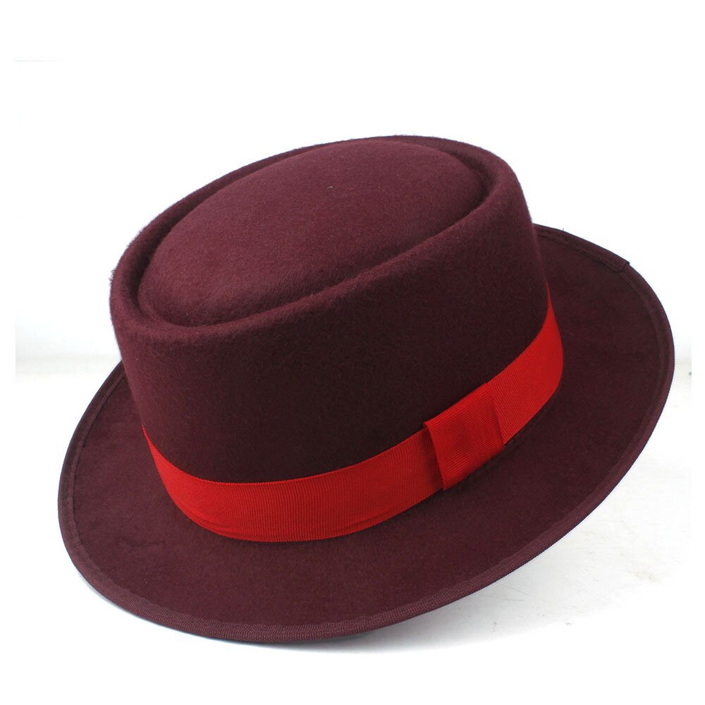 Unisex Men Women Pork Pie Hat with Red Ribbon Pop Jazz Hat Wool Flat Fedora Hat Size 58CM: Wine Red
