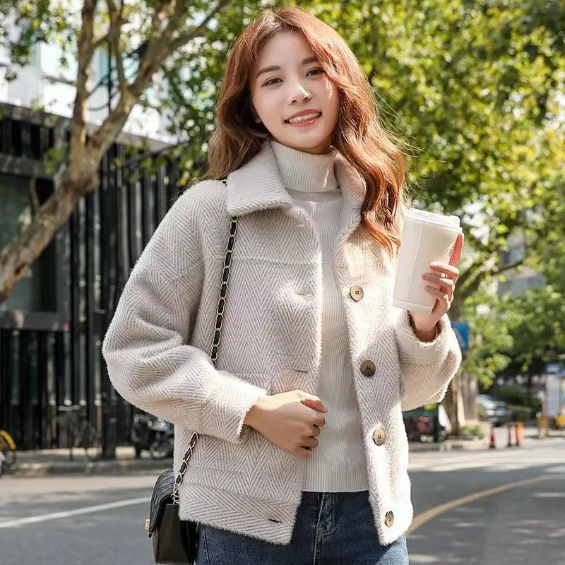 Koreanske kvinder løs cardigan kort jakke efterår vinter damer imiteret minkpels frakke kvindelig fritid lange ærmer topfrakke: Xxl / Beige