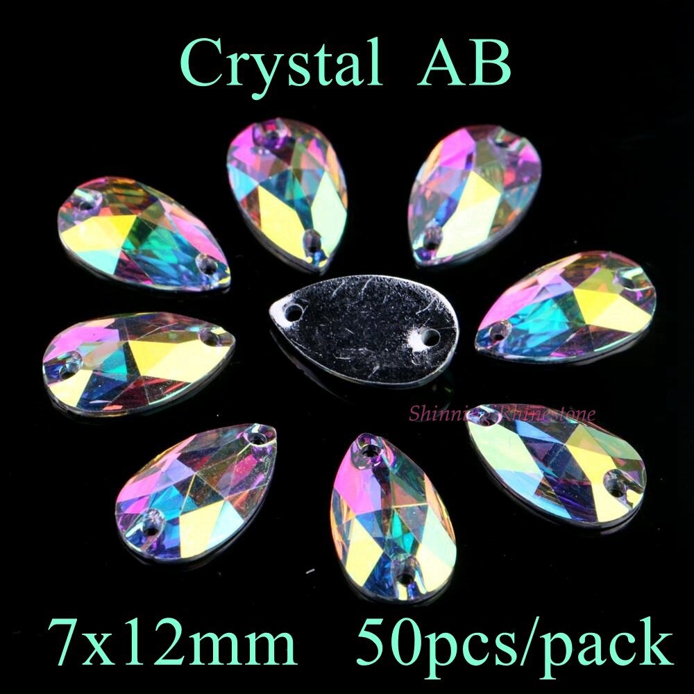 Teardrop Vorm Drie Size Crystal AB/Transparant AB Kleur Sew On Resin Rhinestones Met Twee Gaten Flatback Stones: Crystal AB 7x12mm
