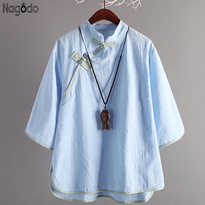 Nagodo chinois tunique Top traditionnel chinois vêtements améliorés Zen manches lâche lin hauts femmes coton Cheongsam chemise