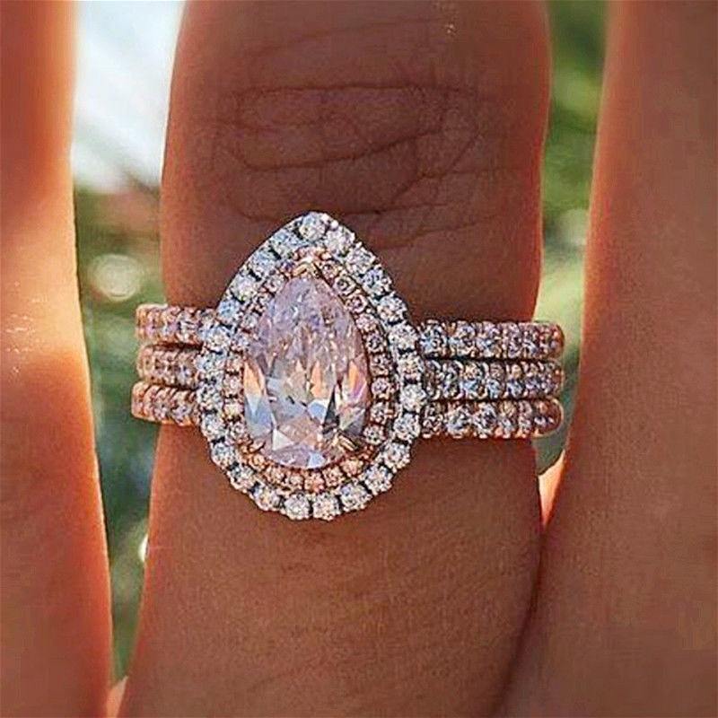 Visisap indlagt pink zirkon vand pæreformede ringe til kvinder tre-lags forlovelsesring størrelse 5 to 11 h009