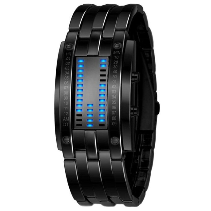 Luxe heren Sport Watche Toekomst Technologie Binary Horloge heren Zwarte Rvs Datum Digitale LED Armband Sport Horloges: Black