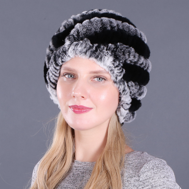 Dames RealRabbit bontmuts harige gebreide muts warme muts ski schedel cap: Black