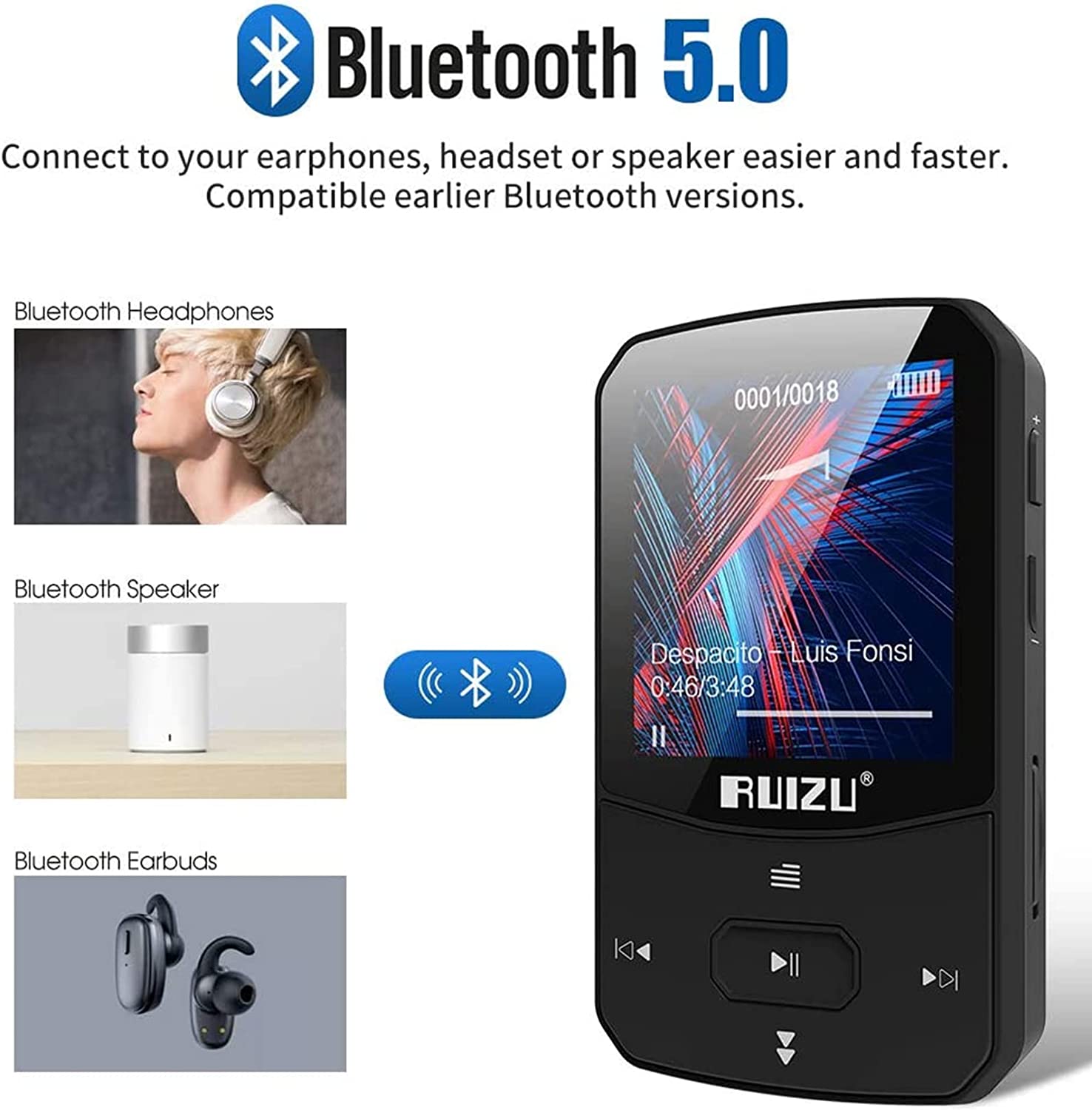 RUIZU X52 Sportowy odtwarzacz MP3 Bluetooth Przenośny klips Mini Walkman z obsługą ekranu FM, nagrywanie, zegar, radio z krokomierzem