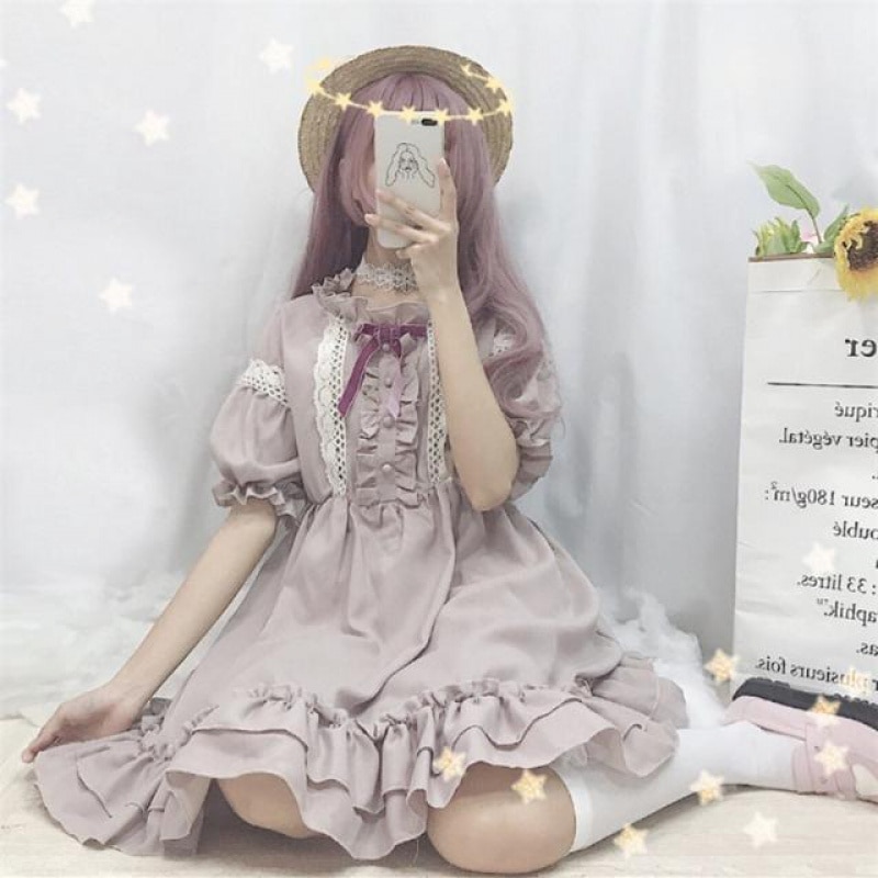 Moda feminina doce lolita lolita roupas kawaii vestido bonito estilo japonês lolita plissado vestido vintage manga sopro doce lavanda