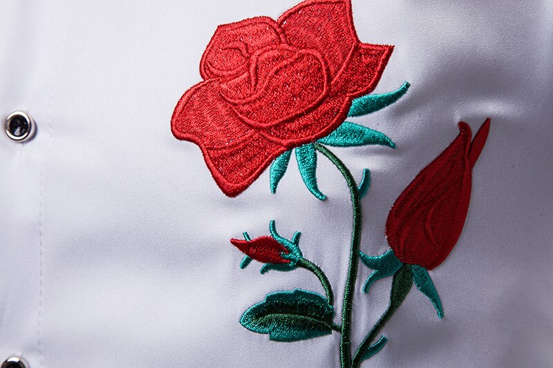 Mens Hipster Red Rose Borduren Shirt Mannen Camisa Masculina Casual Lange Mouwen Slim Chemise Homme Business Camisas Hombre