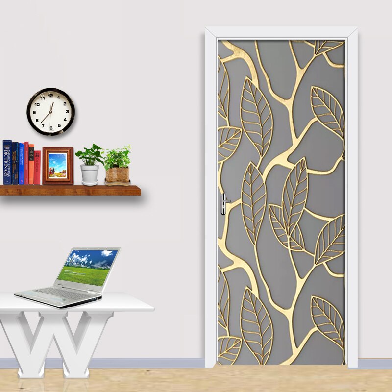 Adhesivo 3D de hojas doradas para puerta, pegatina de decoración para el hogar, papel tapiz autoadhesivo impermeable, Mural para renovación de Puerta del dormitorio