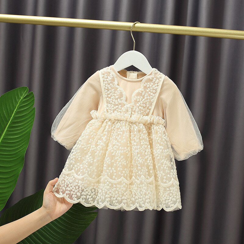 Autumn Baby Girl's Sweet Lace Dress Long Sleeve for Children Fairy Puff Sleeve Princess Dress Kids: 18M(90-95cm)