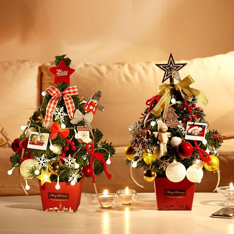 Mini Christmas Tree Desktop With Lights 50Cm Golden Red Christmas Tree Set