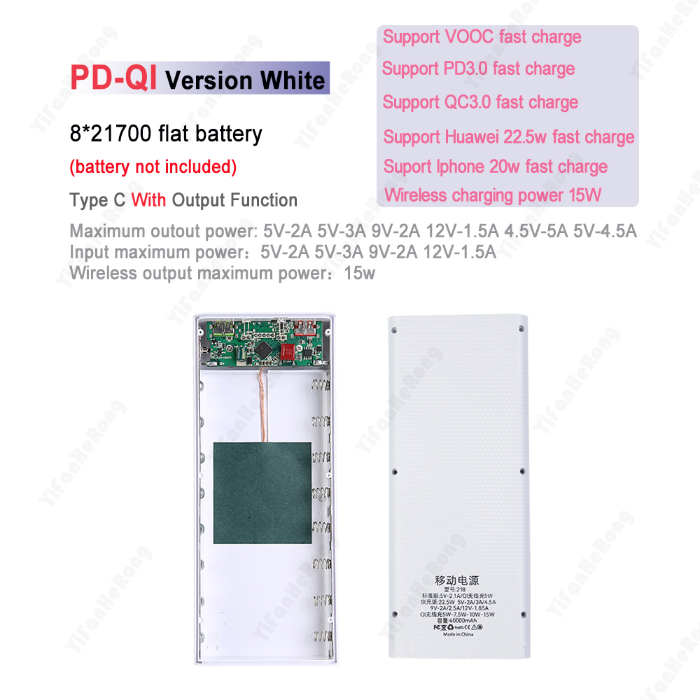22,5 W carga rápida inalámbrica 21700 caja de almacenamiento de batería QC PD 8*21700 caja de banco de energía desmontable sin batería: Blanco