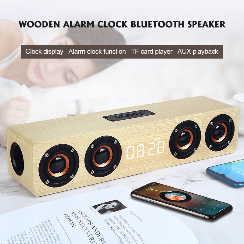 Houten Computer Speakers Draadloze Bluetooth 5.0 Luidsprekers Wekker 4 Speakers Geluid Bar Tv Echo Muur Home Theater Sound System