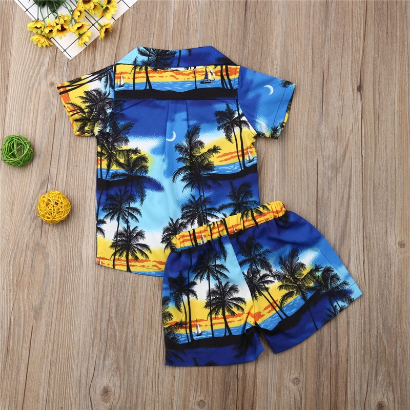 Conjunto de ropa de Estilo Hawaiano para niños y bebés, camisetas y pantalones cortos de manga corta con estampado de árbol de Coco para vacaciones, de 1 a 6 años, 2 uds.
