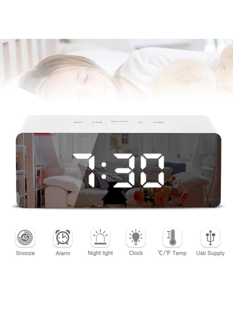 Digitale Led Spiegel Wekker Snooze Elektronische Grote Tijd Temperatuur Display Usb-poort Batterij Aangedreven