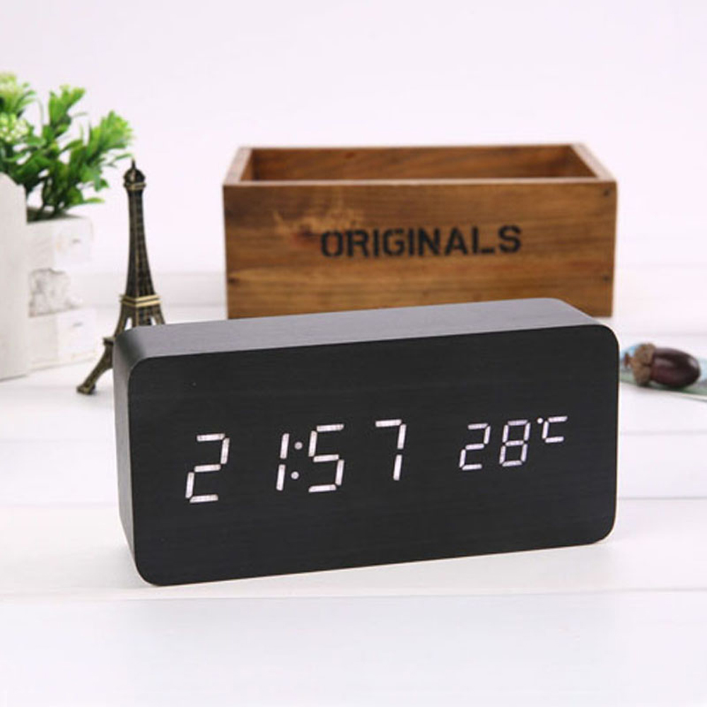 Wooden Alarm Clock Sound Control LED Digital Alarm Clock Electronic Temperature Display Desk Table Clock Auto Brightness Adjust