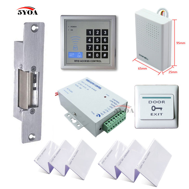 5YOA RFID Access Control System Kit Set + Strike Deurvergrendeling + Id-kaart Keytab + Voeding + Exit