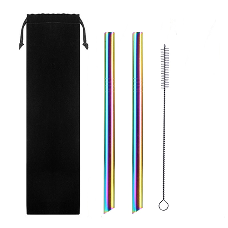 2Pcs Metall Wies Ende Stroh + 1Pc Pinsel Regenbogen Trinkhalme Wiederverwendbare Strohhalme 12mm * 215MM mit Tragbaren Box Oder Tasche