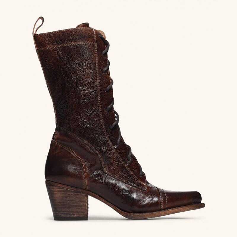 Vinterstøvler kvinder retro sko læderstøvler vintage nitter rund tå snøre midt på læg martin støvler zapatos plus str.