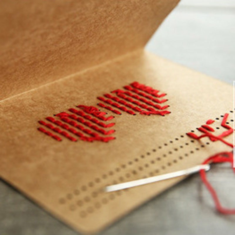 1set Heart Kraft Paper Greeting Card Invitation Card DIY Sewing Love Embroidery Blessing Paper Cards Handmade Party Wedding