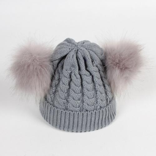 Gorros de invierno para niños, orejas para niñas, niños, gorros cálidos, gorros de invierno para bebés, gorro trenzado de doble Pompón, gorro de punto, conjunto de bufanda de cuello cálido: Grey