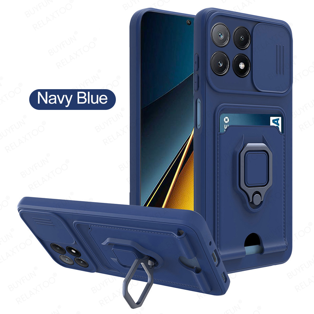 Slide Camera Lens Protection Case For Xiaomi Poco X6 Pro Card Slot Stand Holder Magnetic Cover Coque PocoX6 Little X6Pro X 6 5G: CANVAS / Blue