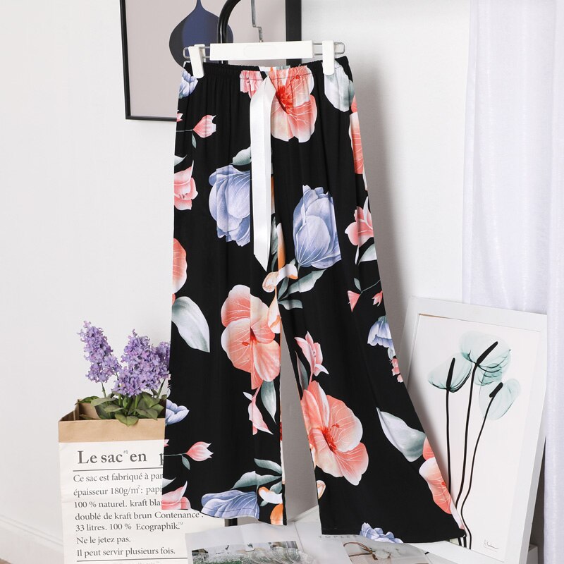 Pantalon en coton respirant pour femmes, imprimé Floral, jambes larges, cordon de serrage, vêtements de maison, Long, été: 3