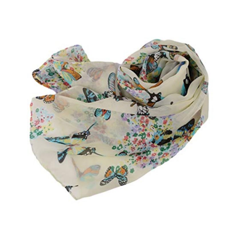 135x40cm Women Bohemian Chiffon Long Scarf Colorful Butterflies Floral Printed Shawl Lightweight Neck Soft Blanket Beach Wrap