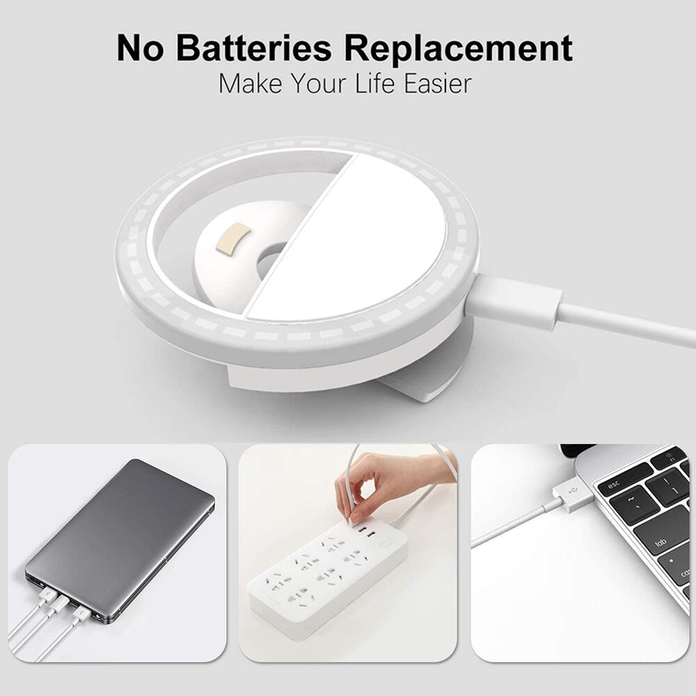 Mini anel de led portátil para selfies, clipe com anel iluminado led portátil circular para maquiagem universal luz de preenchimento usb lâmpada de anel de selfie para todos almofadas para telefones celulares