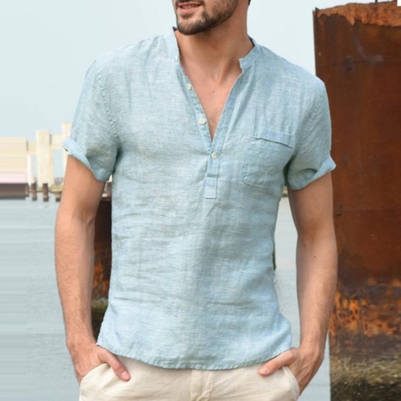 Linneskjortor herr sommar kortärmad henley skjorta chemise homme skjorta med lös knapp som andas solida herrskjortor med ficka: Sjöblått / L