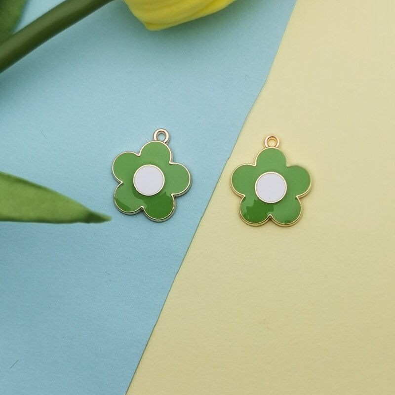 10PCS Colorful Flowers Enamel Charms Gold Tone Little Flower Alloy Pendants Fit Making Earring Hair Jewelry DIY Accessory FX494: green