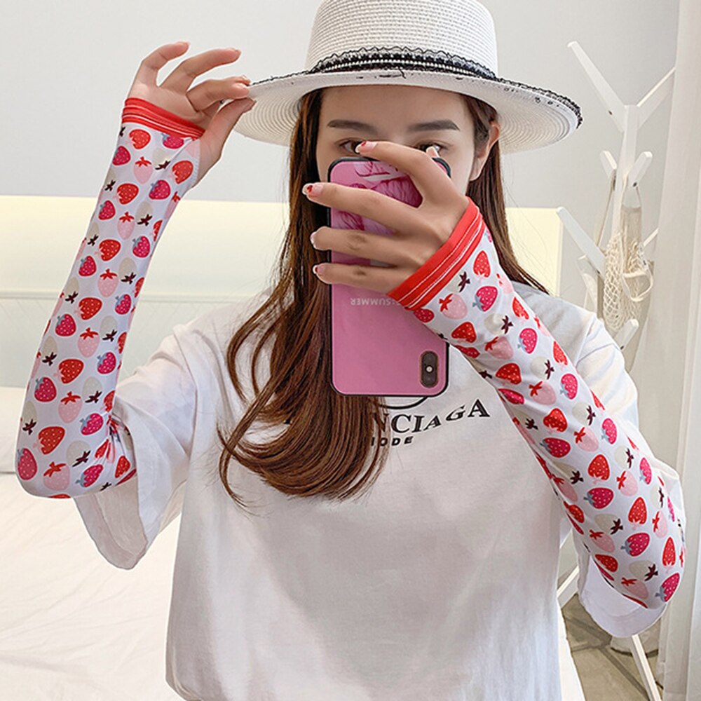Dames arm mouwen ijs zijde koud fruit bloemen print zonnehandschoenen halve vinger auto armwarmers sport zonnebrandcrème mouw: F