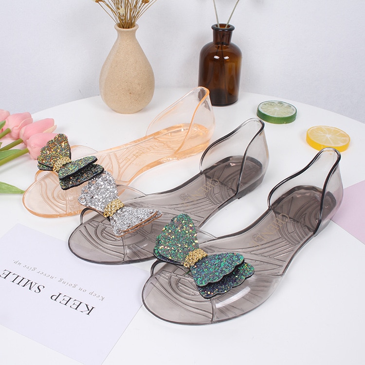 Sandalias de mujer zapatos con los dedos de los pies al aire libre Bling Bow claro transparente playa cómodas sandalias para mujer suave PVC pantuflas de plástico