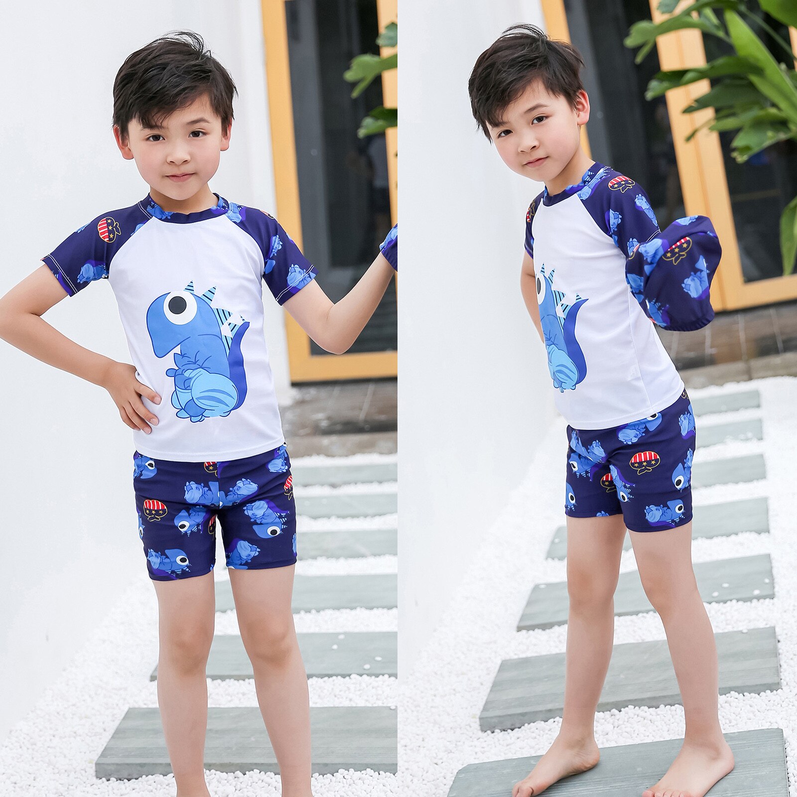 Kinderen Badpak Jongen 3 Stuks Dinosaurus Kids Rash Guard Korte Mouwen Zwemmen Badpak Voor Jongens Peuter Baby Badmode