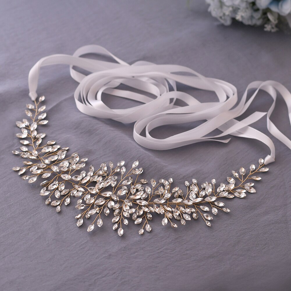 YouLaPan SH237-G złoty pas ślubny z kryształ górski moda koralik pas cienki szarfa pasek zachodnie pasy aplikacja ślubna szarfa pasek: biały